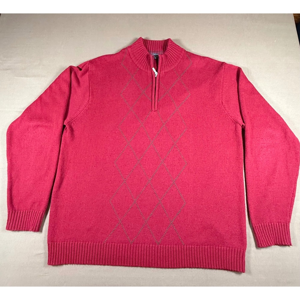 VTG Oscar de la Renta Mens XL Red Argyle 1/4 Zip Knit Sweater Cotton Blend